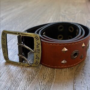 Vintage Brown Leather Wide Belt w Decorative Buckle Silver Tone Studs & Grommets